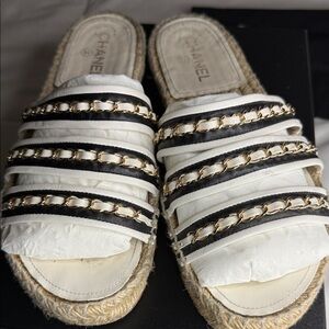 CHANEL Women's Black and White Espadrilles with Gold Chains